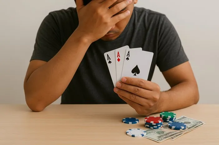 Ilustrasi seorang pria bermain slot sambil mengabaikan keluarga
